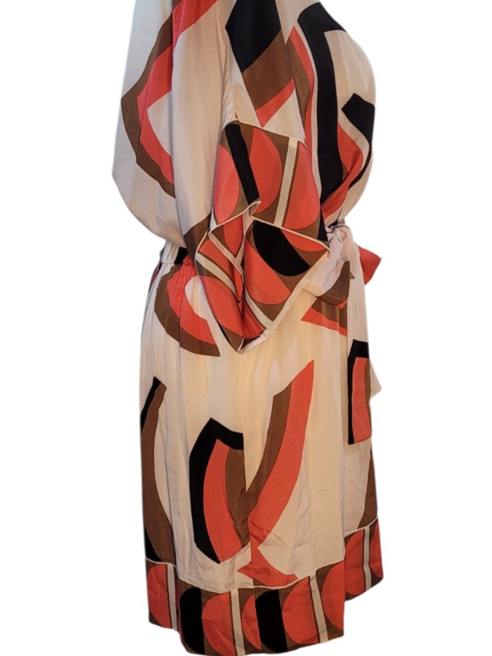 New York & Company Abstract Geometric Print Dress XL Cream Coral Black Brown Tie - Picture 4 of 10